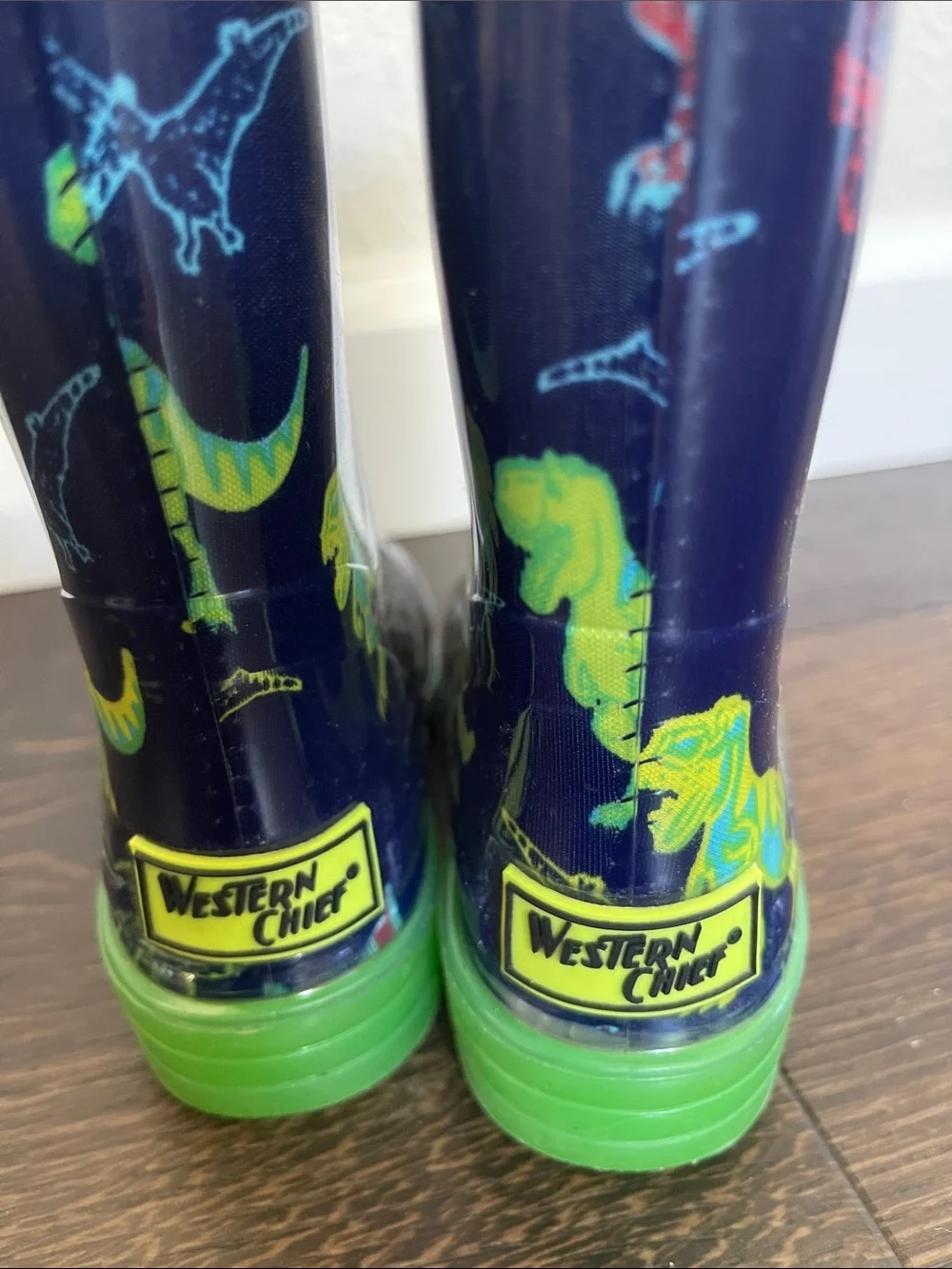 Western Chief Navy Rain Boots with Bright Green Dinosaur Accents size 8 toddler